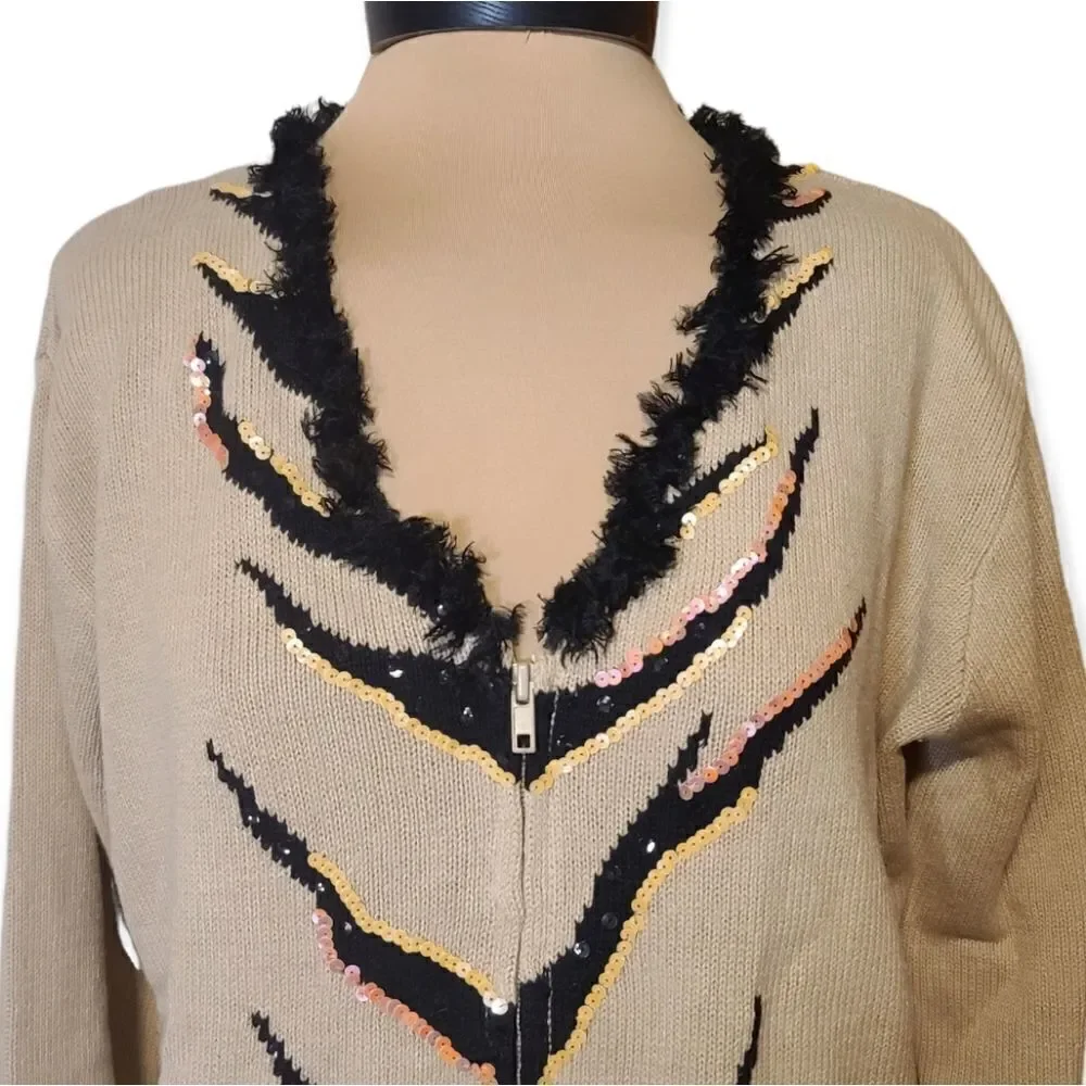 Storybook Knits Tiger Embroidered Zipper Front Cardigan Large